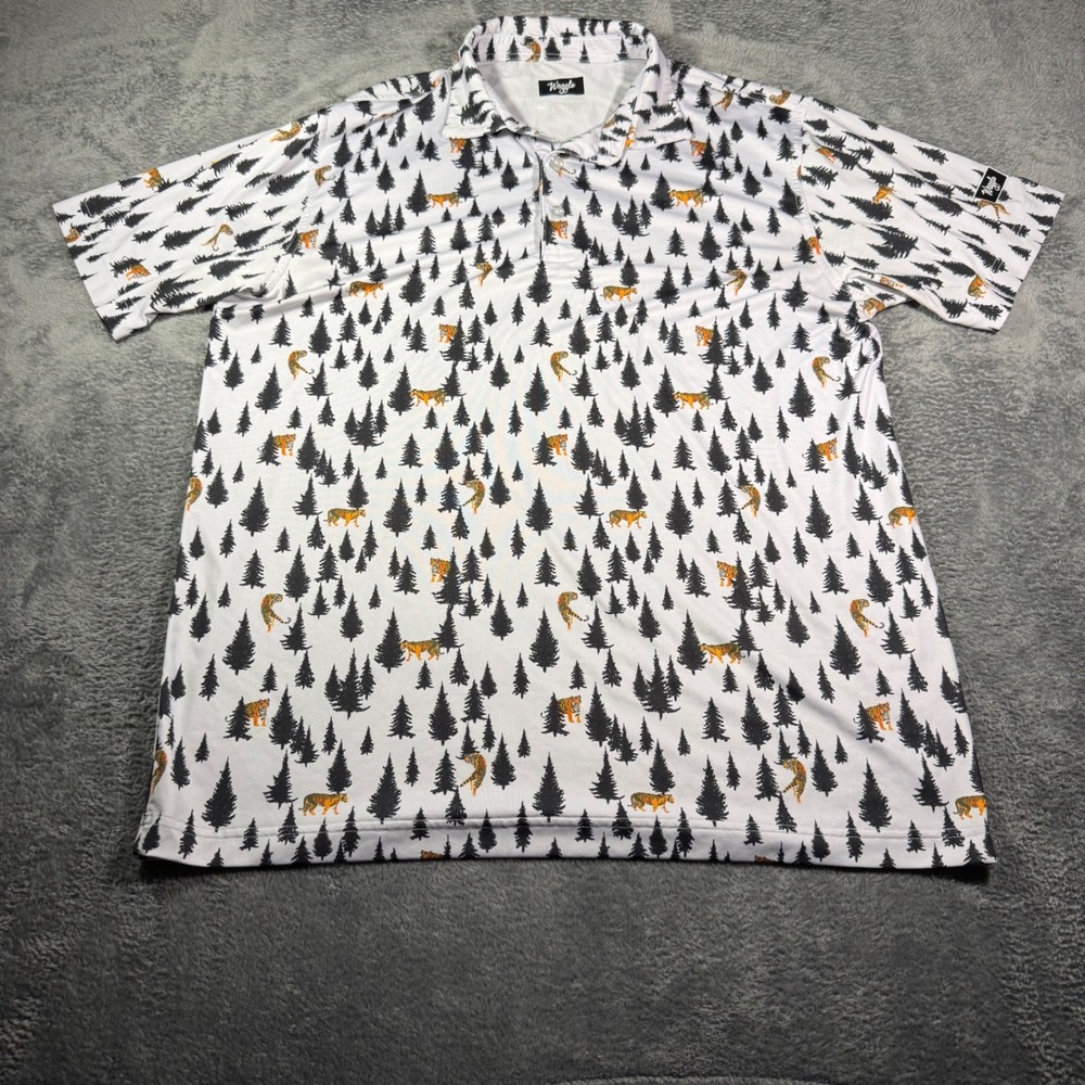 Waggle Mens Golf Polo Shirt White Tiger Pine Tree Print Performance Stretch L